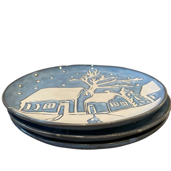 Eli + Ana Christmas Blue Nite Winter Snowy Cabin Salad Plates 8in Set of 4 NEW - Picture 2 of 11